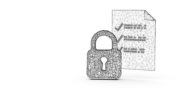 Low poly document with padlock in front on white background with copy space, information safety or security business concept