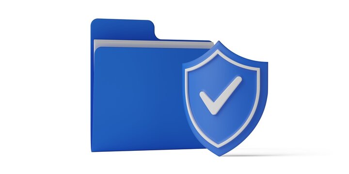 Blue shield with checkmark in front of blue folder over white background, document or information security or protection concept