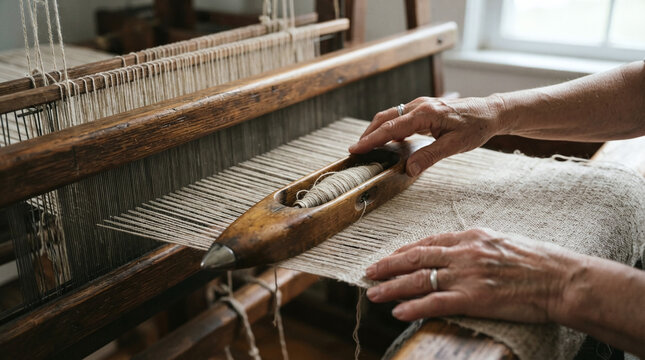 Weaver hands passing wooden boat shuttle through warp threads on floor loom