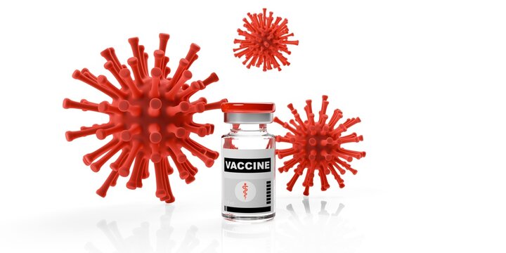 Red viruses surrounding vaccine vial over white background, vaccination or health concept