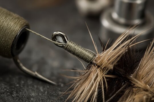 Intricate shot of fishing fly tying materials in focus.