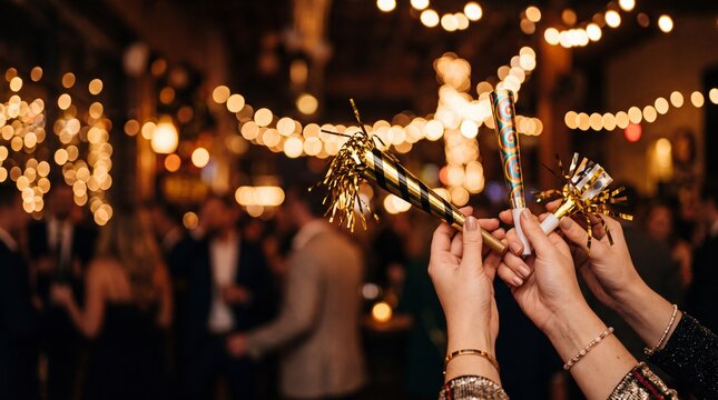 People Holding Party Horns Celebrating at Festive Event