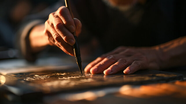 Calligrapher Writing with Traditional Ink Brush Close-Up