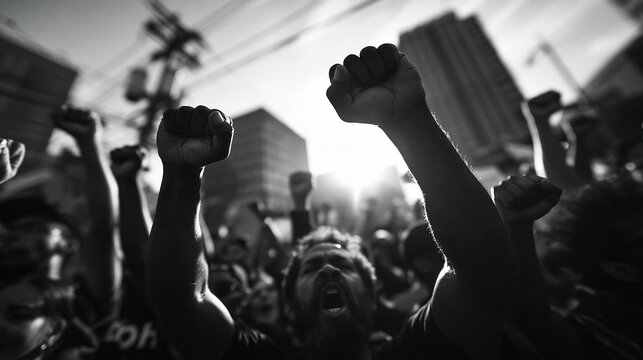Protesters with Raised Fists Demonstrating in Urban Street