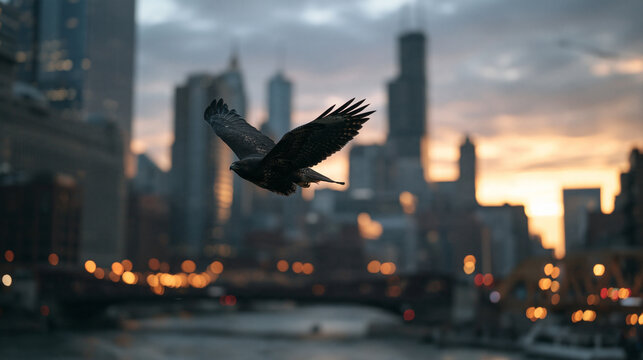 Hawk Flying Over City Skyline at Sunset