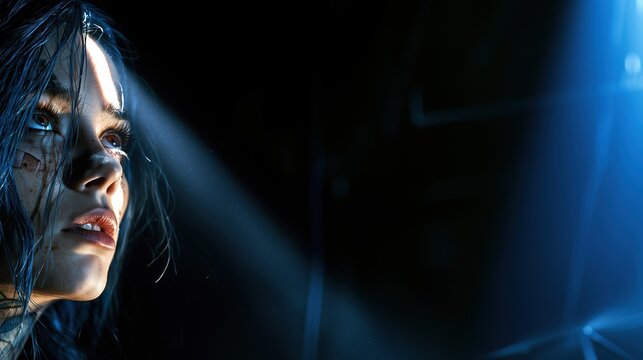 Side profile of a woman illuminated by intense blue light in a dark environment with dramatic highlights and deep shadows Cinematic portrait leaving room for text Concept of nocturnal beauty