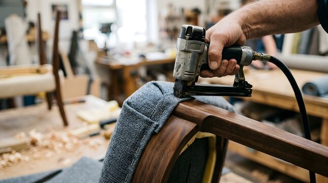 Professional upholsterer using a pneumatic staple gun to attach blue textured fabric cover to a dark wooden chair frame in a furniture workshop, focusing on manual craftsmanship and restoration.