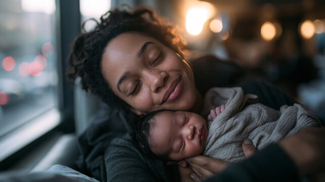 Loving Mother Cuddling Sleeping Newborn Baby at Home