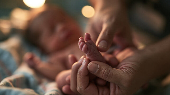 Close-Up of Parent Hands Holding Newborn Baby Foot