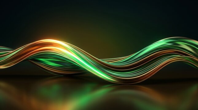 Abstract Flowing Green and Gold Metallic Wave Background