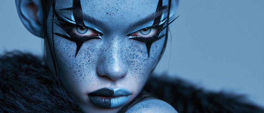 Close-up portrait of a blue painted woman with dramatic black eye makeup and intense gaze surrounded by pale blue negative space Concept of avant garde beauty
