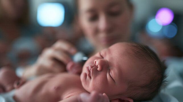 Mother Caring for Sleeping Newborn Baby in Hospital