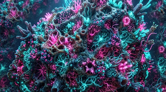 Vibrant bioluminescent coral reef ecosystem featuring glowing pink and turquoise anemones and intricate sea sponges deep underwater in a mysterious and colorful alien aquatic environment