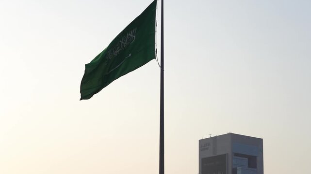 Saudi Arabia National Flag Waving On Al Khobar Corniche For National Day Celebration