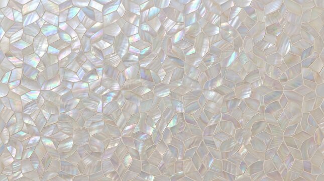 Elegant white mother of pearl mosaic background with iridescent geometric tiles creating a shimmering pearlescent texture perfect for luxury interior design and decorative surface concepts