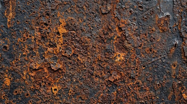 A detailed close up view of a heavily weathered and oxidized metal surface featuring deep orange rust textures and dark pitted corrosion patterns on an old industrial iron plate background