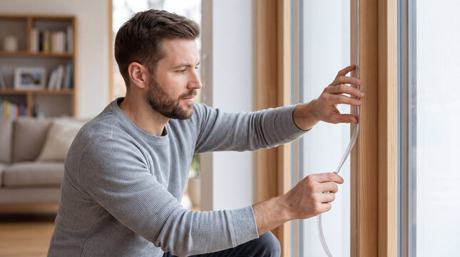 Man applying weather stripping to a wooden window frame. DIY home insulation and winter energy efficiency concept. Male homeowner sealing window draft to save heating costs