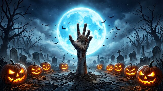 Scary zombie hand rising from graveyard at full moon night with halloween night spooky background graveyard