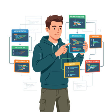Programmer Explaining Microservices Architecture and Code Flow, Illustrating Software Development Concepts.