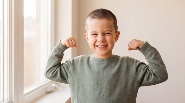 Happy boy flexing arms showing muscles with big smile, strong child, confidence and strength