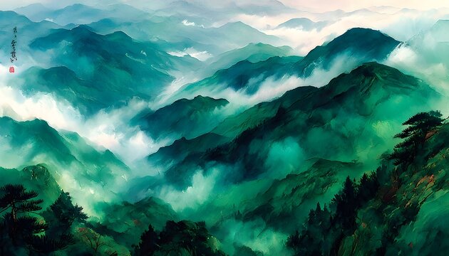 The eternal green of the clouds in the depths of the mountains
