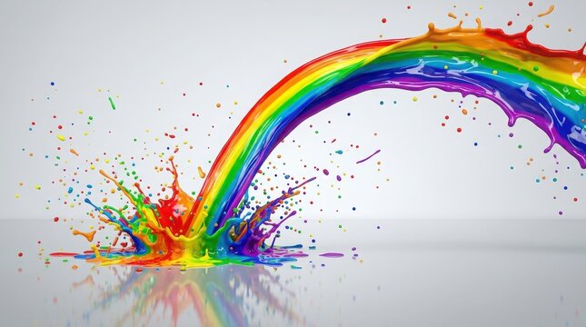 Vibrant rainbow colored paint splash arching through the air with dynamic liquid droplets isolated on a clean white background