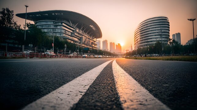 Urban modern large-scale sports venues under the sunset