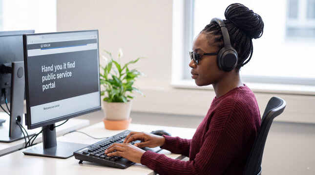 Visually impaired Black woman using a screen reader on a computer. Blind person accessing digital public services with headphones and sunglasses. Digital accessibility and inclusion concept