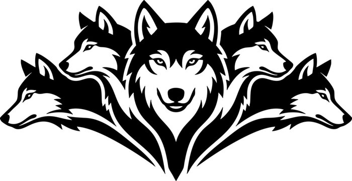 Symmetrical wolf pack heads vector mascot graphic