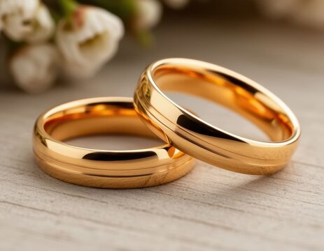 Two polished gold wedding rings resting on a wooden surface with delicate white flowers blurred in the background, symbolizing love and commitment