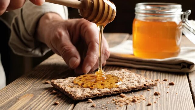 Person drizzles honey with dipper onto crispbread cracker on wooden table. Hand pours honey from dipper on cracker. Honey jar sits nearby while honey drips on crispbread. Sweet breakfast with honey.