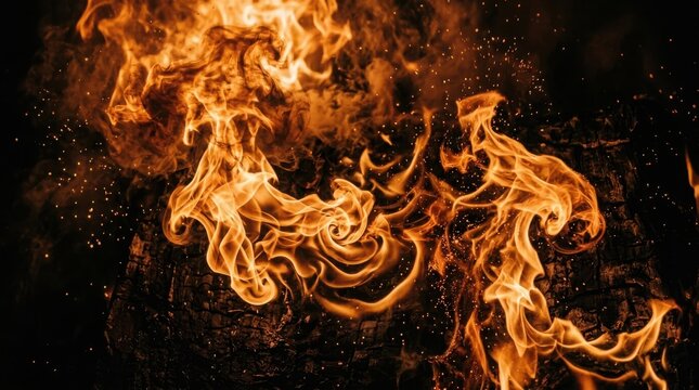 Bright orange fire flames burning and glowing in the dark night creating a powerful energy effect for abstract background design
