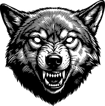 Black and White Snarling Wolf Head Engraving Illustration