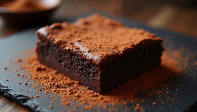 Chocolate cake dessert dust sweet cocoa brownie rustic slice gourmet Rich chocolate cake slice covered with cocoa dust looks sweet and moist on dark slate plate in rustic warm light food scene