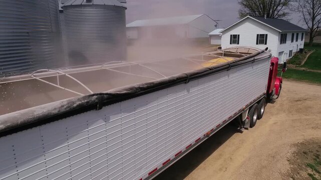 Overhead view of grain auger pouring corn from farm silo into open trailer during harvest yard loading