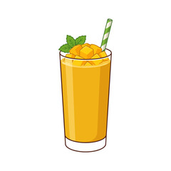 Fresh tropical mango juice in tall glass with fresh mango cubes and mint, isolated flat vector illustration on white background © Kavindu