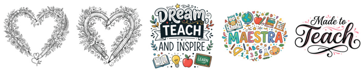 Obraz premium Set of five creative teacher themed illustrations with heart shapes and quotes
