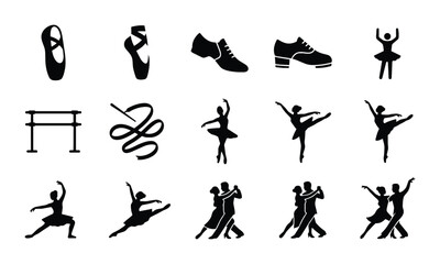 Ballet and Dance Icons Set: Pointe Shoes, Ballet Dancers, Ballroom Couples, and Barre, Vector Graphics for Performance and Fitness © Abu