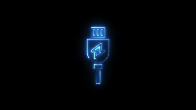 Glowing neon usb charging cable animation, digital power transfer and connectivity concept