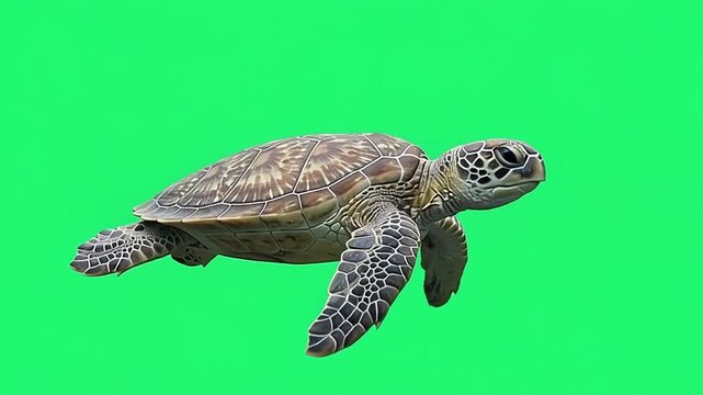Sea turtle swimming on green screen background.