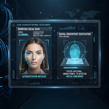 Biometric facial scan and digital fingerprint verification interface, cybersecurity authentication screen, futuristic identity recognition technology