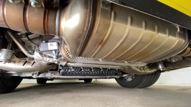 Low-angle undercarriage view of passenger car exhaust muffler and catalytic converter housing with attached oxygen sensor wiring and flex pipe near garage floor