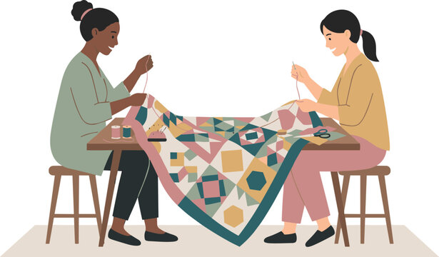 Handmade Quilting Vector Illustration of Two Women Sewing Patchwork Fabric Together on a Table for Crafting Community and Creative Needlework Graphic Designs
