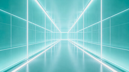 Fototapeta premium A sleek, futuristic 3D-rendered corridor lined with bright neon lights, featuring glossy reflective surfaces and symmetrical perspective.