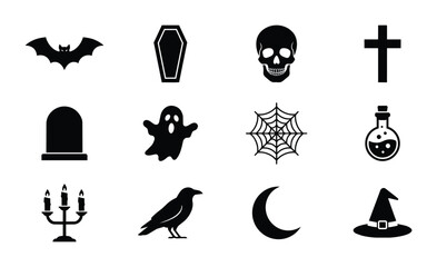 Fototapeta premium Halloween Icons Set: Spooky Vector Graphics Collection for Festive Design, Includes Bat, Coffin, Skull, Ghost, Witch Hat, and More