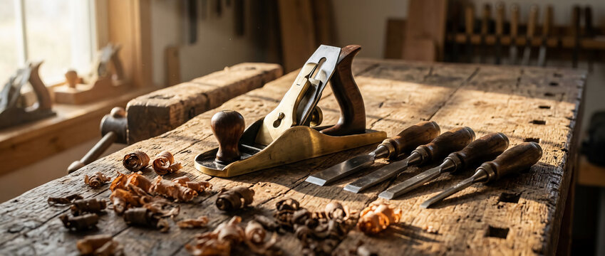 Traditional woodworking tools including a hand plane and chisels resting on a rustic workbench in a sunlit artisan workshop with warm golden hour lighting, high resolution photography.