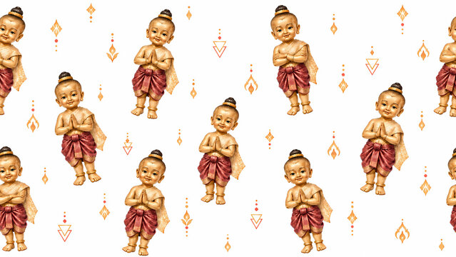 Watercolor seamless pattern of Thai golden child Kuman Thong guardian statues, with sacred geometry amulets seamless pattern, mystical Thailand cultural.