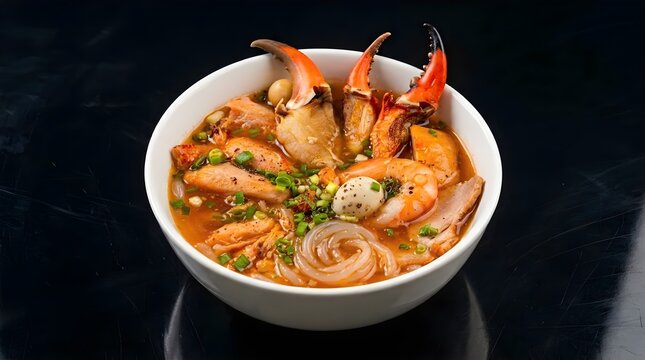 B&aacute;nh Canh Cua (Vietnamese Crab Tapioca Noodle Soup) served in a deep white ceramic bowl. The broth has a rich, viscous texture with a reddish-orange hue.Crab claws and meat
