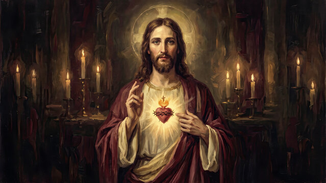 Sacred Heart of Jesus devotional portrait with candlelight