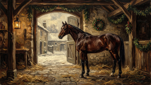 Bay horse inside festive stable overlooking snowy village